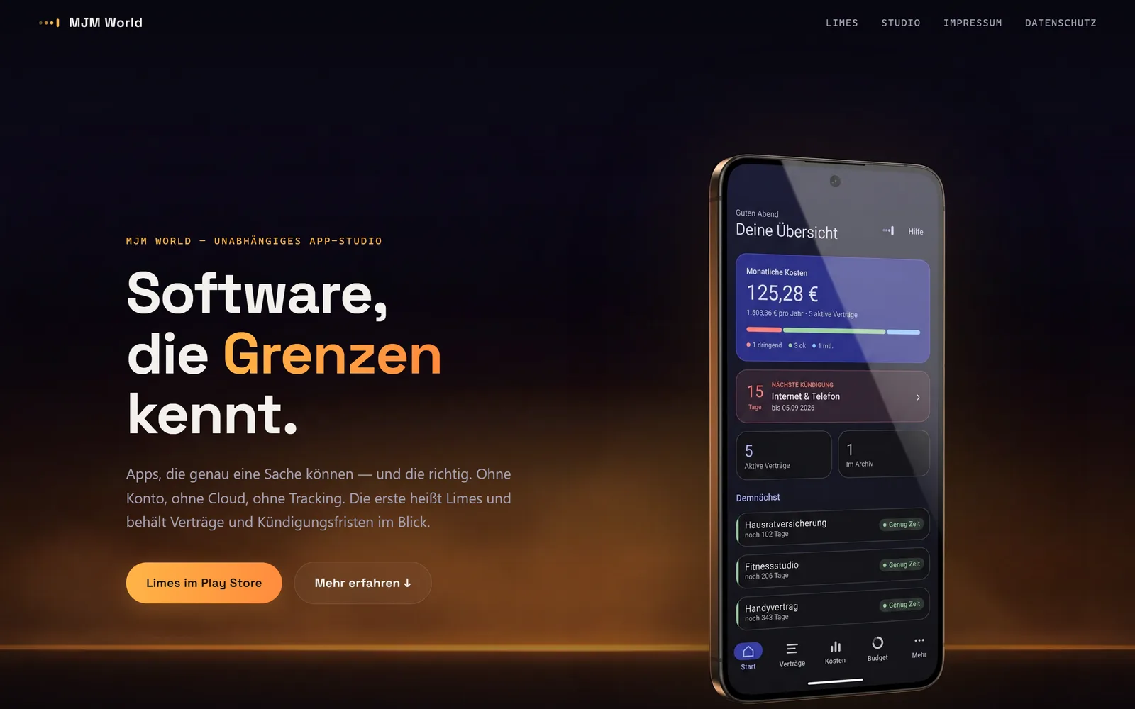 Startseite von mjm-world.de mit der Überschrift „Software, die Grenzen kennt.“ und der Limes-App auf einem Telefon