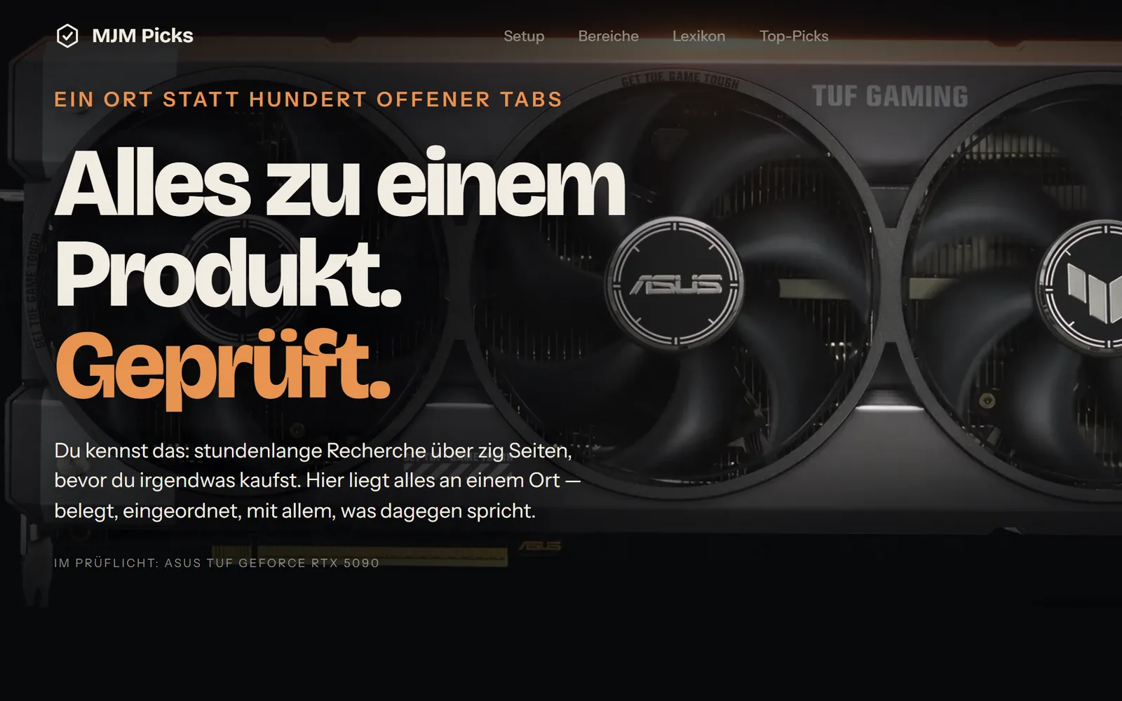 Startseite von mjm-picks.de mit der Überschrift „Alles zu einem Produkt. Geprüft.“ vor einer großformatigen Grafikkarte