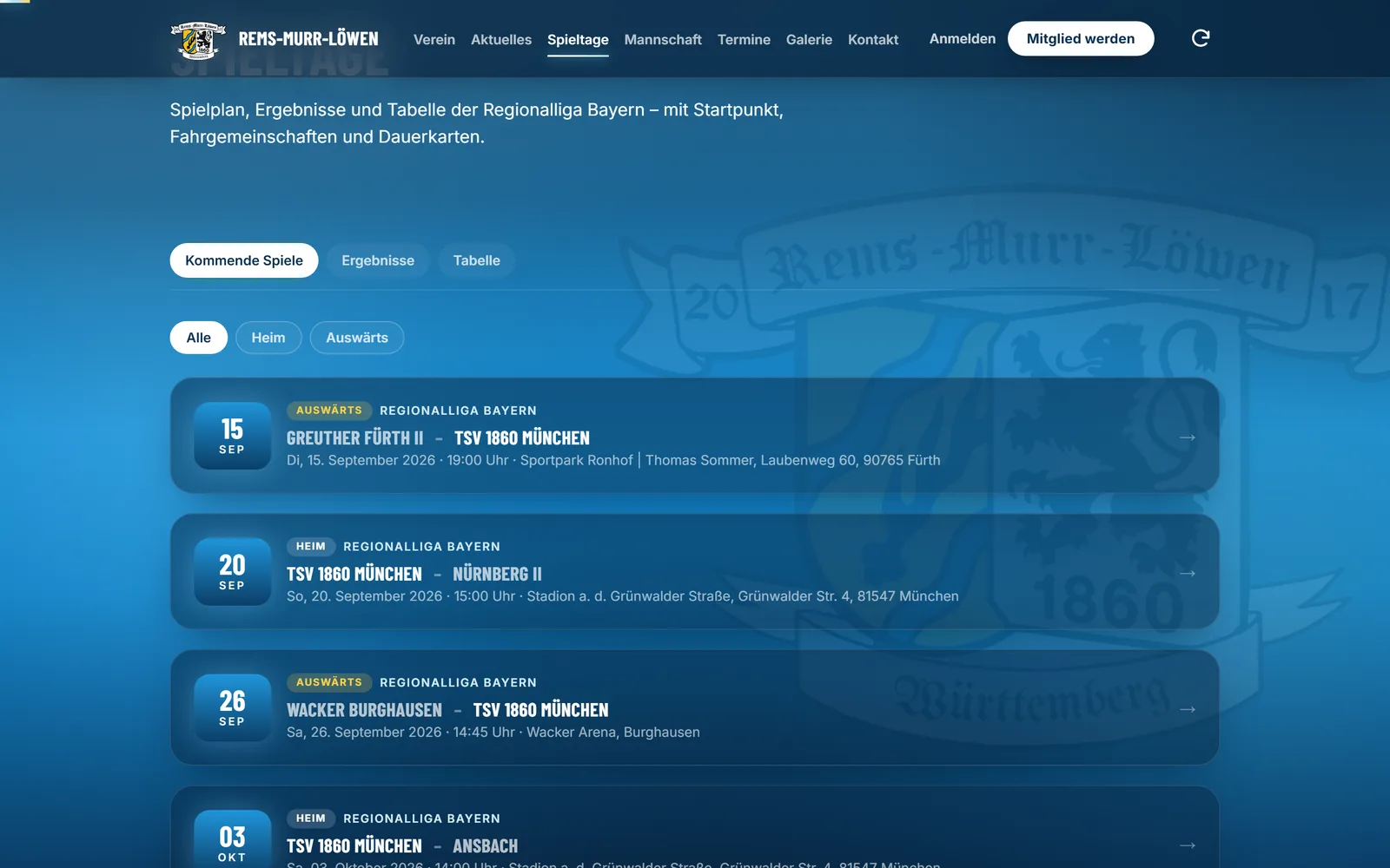 Öffentliche Spieltagsübersicht mit kommenden Spielen, Ergebnissen und Tabelle
