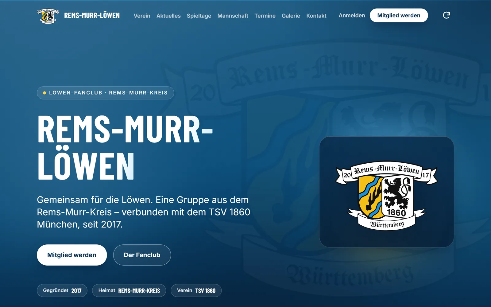 Startseite von rems-murr-loewen.de mit Vereinswappen und der Zeile „Gemeinsam für die Löwen“